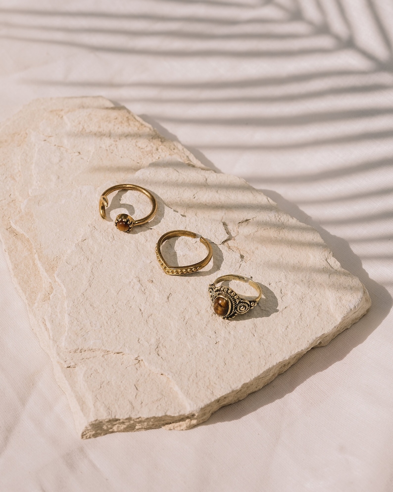 Boho Ringe mit Stein verstellbar, Boho Ring Set Gold, Tigerauge Ring, Mond Ring Messing Ring mit Stein, Edelstein Ring, Verstellbare Ringe Bild 1