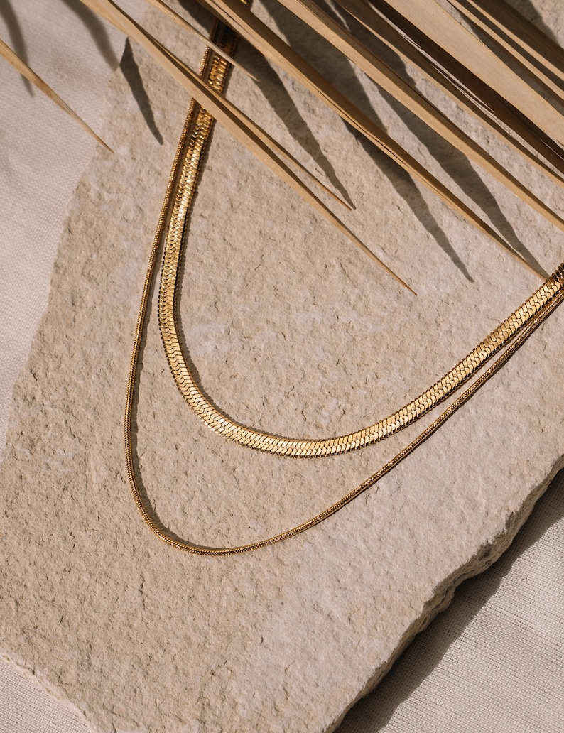 Layered Gold Necklace Herringbone, 18K Gold Plated Snake Necklace Waterproof, Boho Choker Layer Necklace, Double Necklace Gold Fishbone image 4