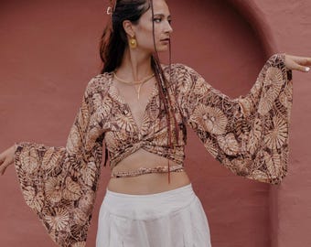 Trumpet sleeve top, wrap blouse silk wrap top V, flare sleeve top, wrap top bell sleeve, wrap blouse long sleeve hippie blouse wide sleeves