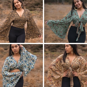 Blusa cruzada de seda reciclada | Top bohemio con mangas acampanadas | Top cruzado hippie | Blusa corta | Top acampanado | Blusa con mangas acampanadas | Top cruzado tipo kimono