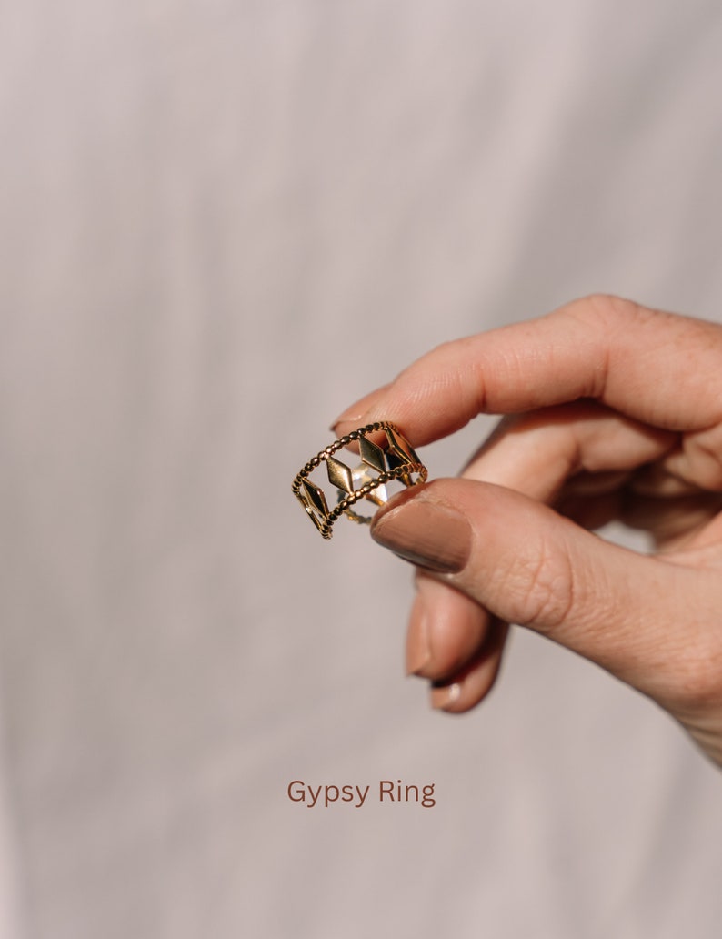 Boho Ring Set Gold Plated, Non Tarnish Rings Waterproof Stainless Steel, Stackable Rings Adjustable Gold, Index Finger Hammered Rings Gift Gypsy Ring