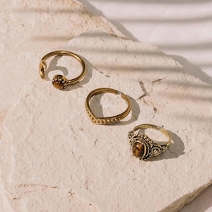 Boho ringen met steen verstelbaar, Boho ring set goud, tijgeroog ring, maan ring messing ring met steen, edelsteen ring, verstelbare ringen
