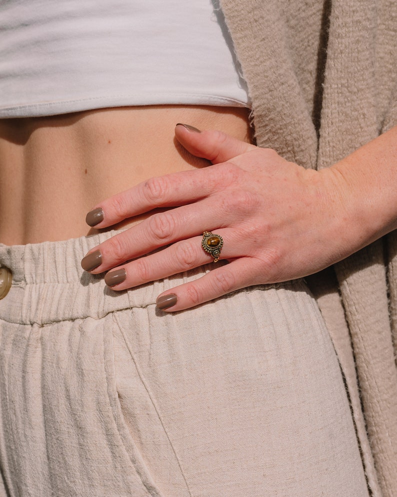 Boho Rings with Stone Adjustable, Boho Ring Set Gold, Tiger Eye Ring, Moon Ring Brass Ring with Stone, Gemstone Ring, Adjustable Rings image 7