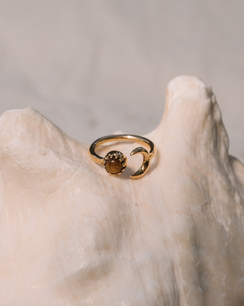 Boho Ringe mit Stein verstellbar, Boho Ring Set Gold, Tigerauge Ring, Mond Ring Messing Ring mit Stein, Edelstein Ring, Verstellbare Ringe Bild 8