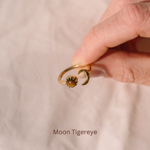 Boho Rings with Stone Adjustable, Boho Ring Set Gold, Tiger Eye Ring, Moon Ring Brass Ring with Stone, Gemstone Ring, Adjustable Rings Moon Tigereye