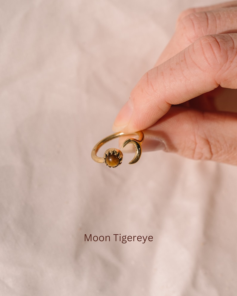 Boho Rings with Stone Adjustable, Boho Ring Set Gold, Tiger Eye Ring, Moon Ring Brass Ring with Stone, Gemstone Ring, Adjustable Rings Moon Tigereye