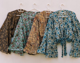 Boho Wrap Top Bell Sleeve Bolero, Recycled Silk Kimono, Festival Outfit, Flare Sleeve Top, Silk Wrap Blouse, Bell Sleeve Top, Boho Kimono