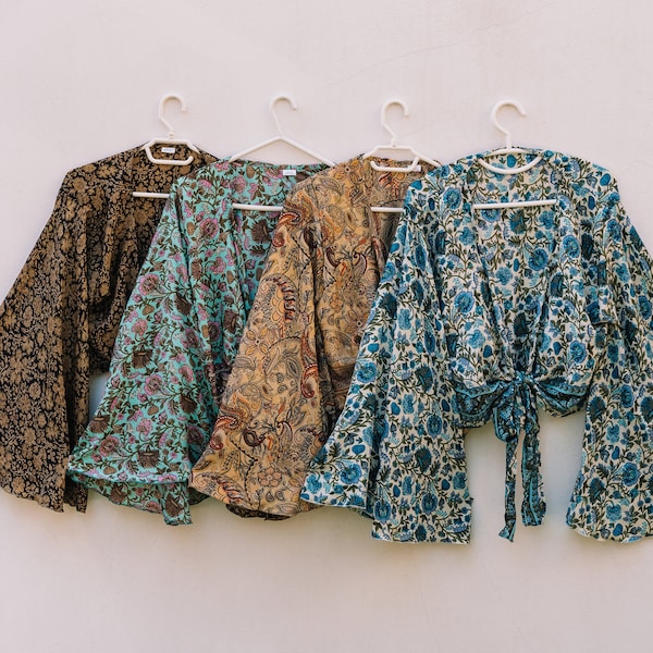 Wickelbluse mit Trompetenärmel, Wickeltop Seide, Hippie Kimono kurz, Boho Bluse, Festival Outfit, Wickel Bolero, Boho Kleidung Glockenärmel