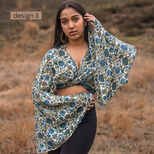 Recycled Silk Wrap Blouse | Boho Bell Sleeve Top | Hippie Wrap Top | Crop Blouse | Flare Top | Bell Sleeve Blouse | Kimono Wrap Top