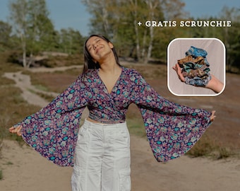 Boho Wickeltop mit Trompetenärmel, Wickelbluse Seide Kimono kurz, Recycled Silk Wrap Blouse Bell Sleeve Top, Boho Kleidung, Gratis Scrunchie