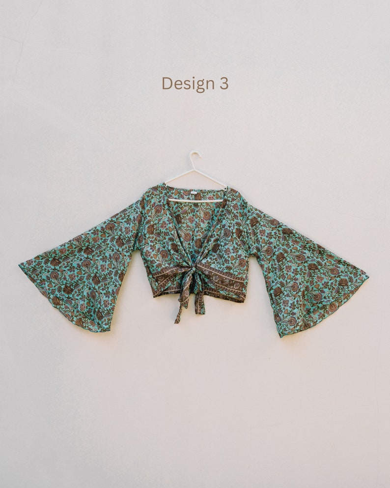 Wickelbluse mit Trompetenärmel, Wickeltop Seide, Hippie Kimono kurz, Boho Bluse, Festival Outfit, Wickel Bolero, Boho Kleidung Glockenärmel Bild 6