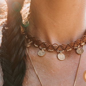 Macrame Choker,  Boho Necklace Jewelry, African  Necklace with gold pendants, Tan Choker Necklace, Tribal Necklace made of Macrame & Brass