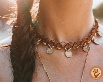 Macrame Choker,  Boho Necklace Jewelry, African  Necklace with gold pendants, Tan Choker Necklace, Tribal Necklace made of Macrame & Brass