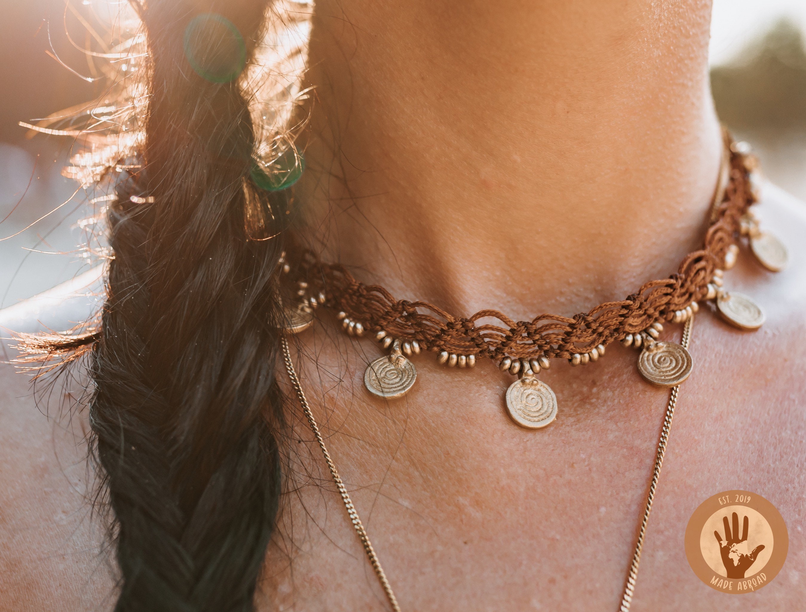 Macrame Choker Boho Necklace Jewelry African Necklace With Gold Pendants Tan Choker Necklace Tribal Necklace Made of Macrame Brass Etsy