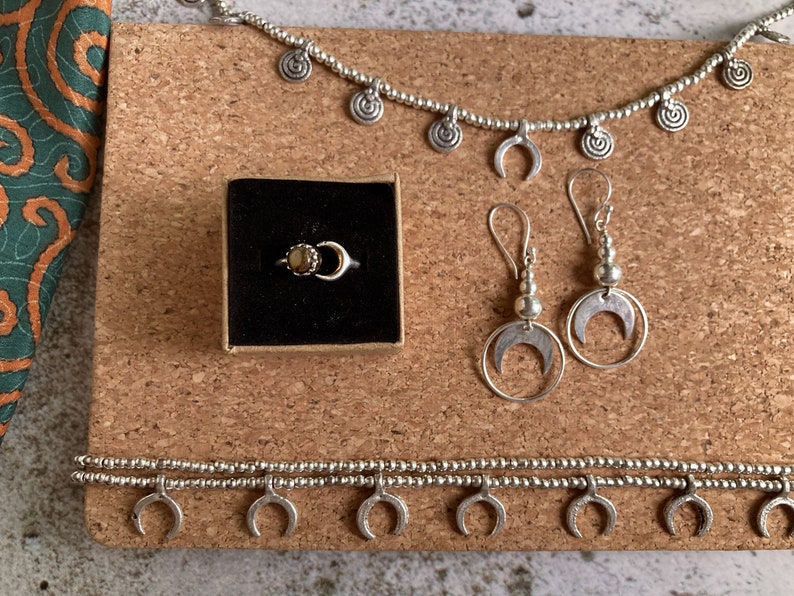 Boho Jewellery Set of 4 | Moon Jewelry Set | Moon Earrings | Moon Necklace | Moon Ring Tigereye | Moon Anklet | Boho Jewelry | Silver & Gold image 2