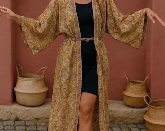 Long silk kimono with pockets, vintage silk kimono cardigan, lightweight boho bathing gown, beachwear throw, festival robe