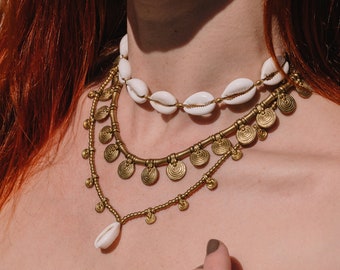 Boho Necklace Set, Multi-Row Gold Necklace, Cowrie Shell Necklace, Shell Choker Set, Boho Hippie Necklace, Statement Necklace Boho, Festival
