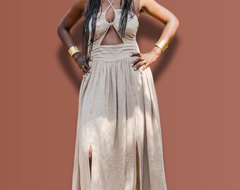 Goddess Dress Long Beige, White Boho Dress Cotton, Cross Halterneck Dress Wedding Guest, Photo Shoot, Pregnant, Aphrodite, Maid of Honor