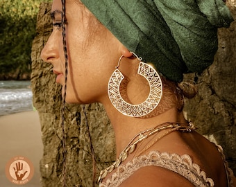 Boho hoop earrings made of brass in gold and silver, Indian ethnic earrings large, wide Celtic hoop earrings, oriental earrings, ear weights hoop
