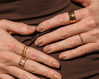 Boho Ring Set Gold Plated, Non Tarnish Rings Waterproof Stainless Steel, Stackable Rings Adjustable Gold, Index Finger Hammered Rings Gift