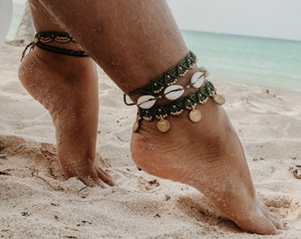 Macrame Anklet Set, Boho Ankle Bracelet With Indian Charms and Cowrie Shells | Beach Jewelry For Woman