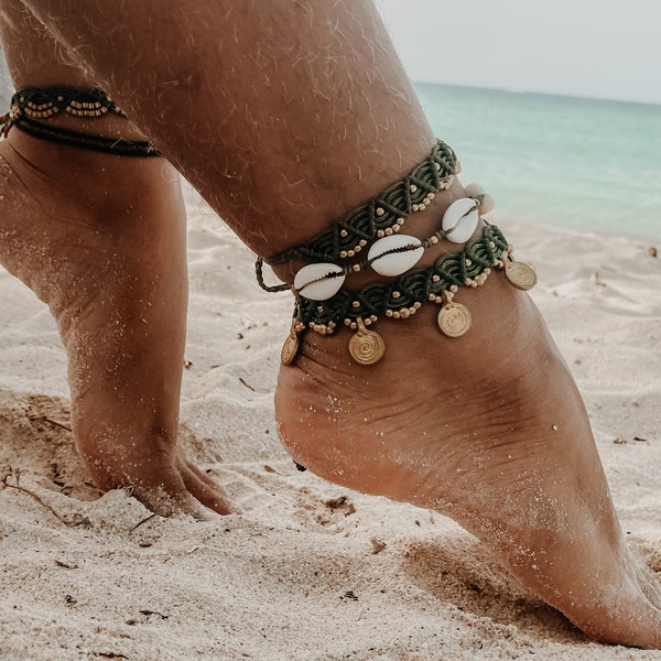 Ensemble de bracelets de cheville en macramé, bracelet de cheville Boho avec charmes indiens et coquilles de cauris | Bijoux de plage pour femmes