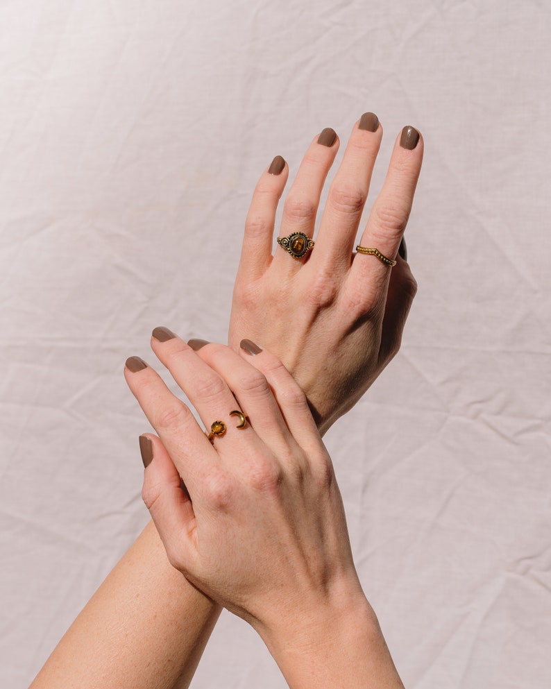 Boho Rings with Stone Adjustable, Boho Ring Set Gold, Tiger Eye Ring, Moon Ring Brass Ring with Stone, Gemstone Ring, Adjustable Rings the whole Set