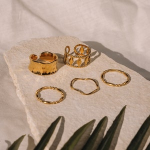 Boho Ring Set, 18K Vergoldete Ringe Wasserfest, Verstellbare Ringe Edelstahl, Gehämmerter Zeigefingerring, Doppelring,Ringe Boho Schmuck Set Set of 5 Rings