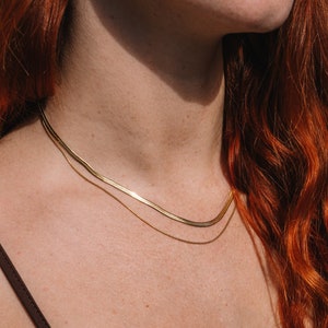 Layered Gold Necklace Herringbone, Hammered Round Pendant Necklace Gold Disc, 18K Gold Plated Snake Necklace Waterproof, Boho Necklace Layer image 5