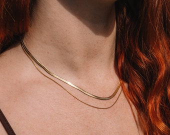 Layered Gold Necklace Herringbone, 18K Gold Plated Snake Necklace Waterproof, Boho Choker Layer Necklace, Double Necklace Gold Fishbone