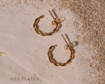Small Hoop Earrings Twist, Gold Plated Earrings Boho, Hypoallergenic Hoop Earrings Stainless Steel Stud, Twisted Earrings Gold Waterproof
