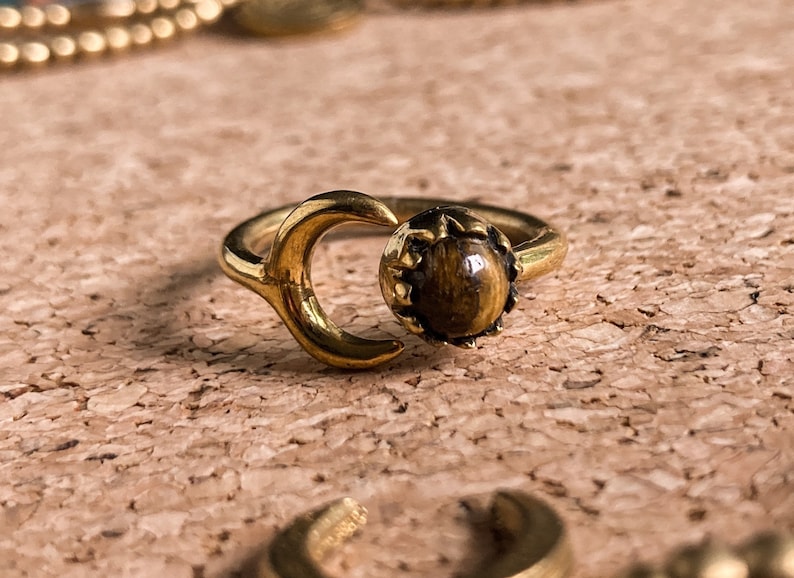 Boho Jewellery Set of 4 | Moon Jewelry Set | Moon Earrings | Moon Necklace | Moon Ring Tigereye | Moon Anklet | Boho Jewelry | Silver & Gold image 6