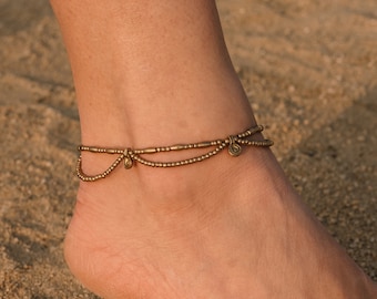 Boho Fußkette Gold, Fußkettchen Perlen, Indische Fusskette mit Anhängern Messing, Hippie Fußkette Boho, Fußkettchen Ethno, Fußkettchen Gold