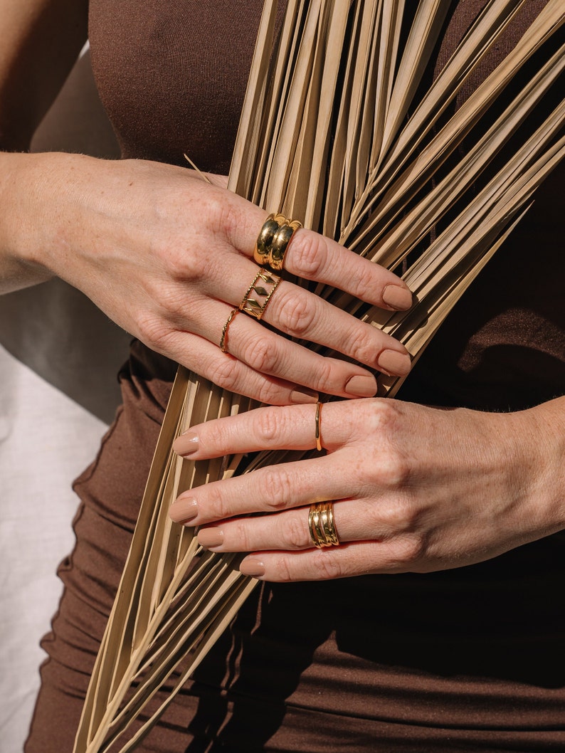 Boho Ring Set Gold Plated, Non Tarnish Rings Waterproof Stainless Steel, Stackable Rings Adjustable Gold, Index Finger Hammered Rings Gift image 8