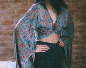 Recycled Silk Wrap Blouse Boho Bell Sleeve Top Hippie Wrap Top Crop Blouse Flare Top Bell Sleeve Blouse Kimono Wrap Top