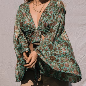 Boho Wrap Top Bell Sleeve Bolero, Recycled Silk Kimono, Festival Outfit, Flare Sleeve Top, Silk Wrap Blouse, Bell Sleeve Top, Boho Kimono image 7