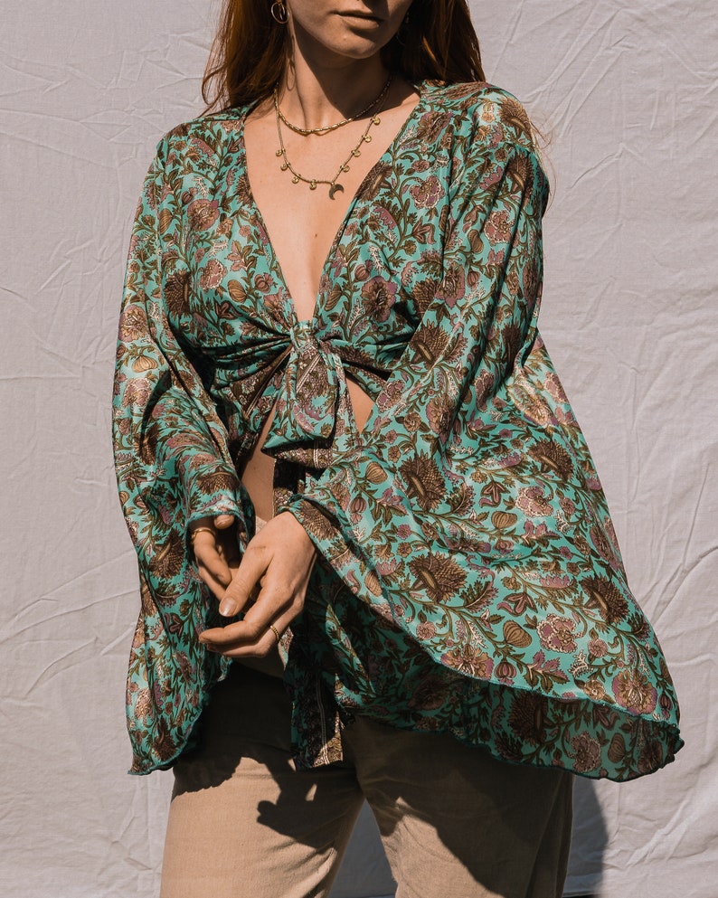 Boho Wrap Top Bell Sleeve Bolero, Recycled Silk Kimono, Festival Outfit, Flare Sleeve Top, Silk Wrap Blouse, Bell Sleeve Top, Boho Kimono image 7