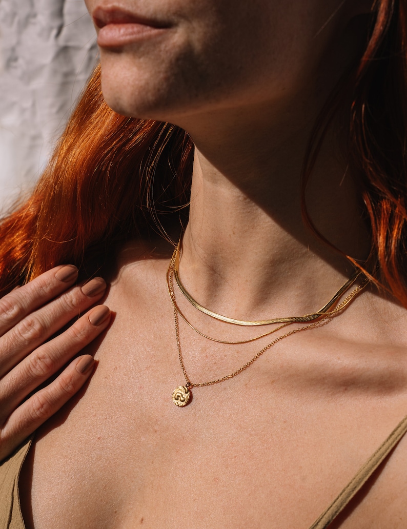 Layered Gold Necklace Herringbone, 18K Gold Plated Snake Necklace Waterproof, Boho Choker Layer Necklace, Double Necklace Gold Fishbone image 2