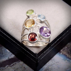 Fabulous Multi gemstones  925 sterling silver ring, genuine gemstones ring of Peridot,blue topaz ,Garnet, citrine,amethyst best gift for her