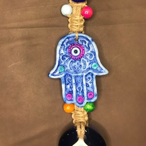 Hamsa Ceramic Handmade Evil Eye Wall Hanging with many beads, Fatima’s Hand, Greek Eye, Ceramic Hamsa Hand Nazar Boncuk, Greek Eye