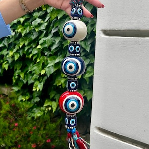 Ceramic Handmade Evil Eye Wall Hanging with many beads,Nazar Boncuk,Greek Eye,Turkish Amulet,Protection,Evil Eye,Oriental Home Decor(w,db,r)