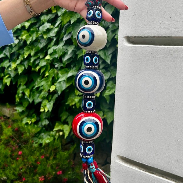 Ceramic Handmade Evil Eye Wall Hanging with many beads,Nazar Boncuk,Greek Eye,Turkish Amulet,Protection,Evil Eye,Oriental Home Decor(w,db,r)