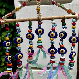 Handmade Evil Eye Wall Hanging: Jute Knit, Nazar Boncuk Amulet