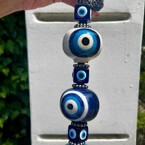Ceramic Handmade Evil Eye Wall Hanging with many beads,Nazar Boncuk,Greek Eye,Turkish Amulet,Protection,Evil Eye,Oriental Home Decor(W,B,DB)
