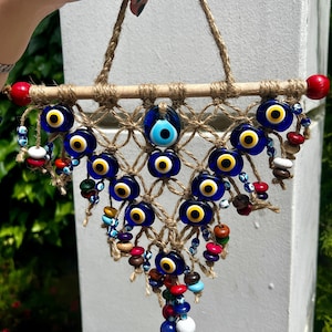 Pared de mal de ojo hecha a mano colgando con muchas cuentas, Nazar Boncuk, ojo griego, amuleto turco, protección, ojo azul, decoración oriental del hogar