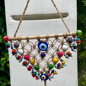 Pared de mal de ojo hecha a mano colgando con muchas cuentas, Nazar Boncuk, ojo griego, amuleto turco, protección, ojo azul, decoración oriental del hogar