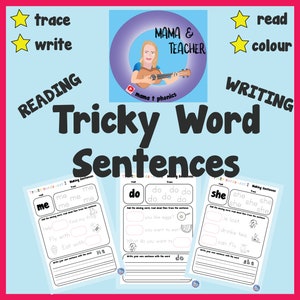 May include: A printable worksheet for children to practise making sentences using the tricky words "me", "do", and "she". The worksheet has three sections, each with a different tricky word. The words are printed in large, bold letters. The worksheet also includes instructions for the activity.