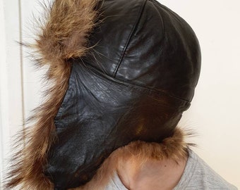 Vintage soviet kids ushanka winter hat leather hat raccoon fur 1970s