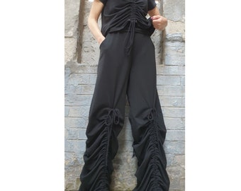 Black Asymmetric Two Piece Set / Ruched Crop Top and High Waist Pants / Avant Garde Cotton Outfit / Designer Wide Leg Set for Women