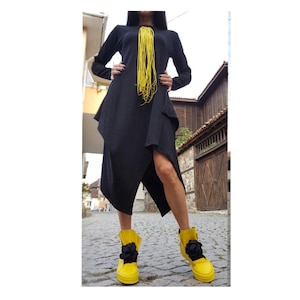 Asymmetric Women Dress/Casual Comfortable Black Tunic/Extravagant Dress/Everyday Long Sleeve Dress/Party Woman Cotton Dress